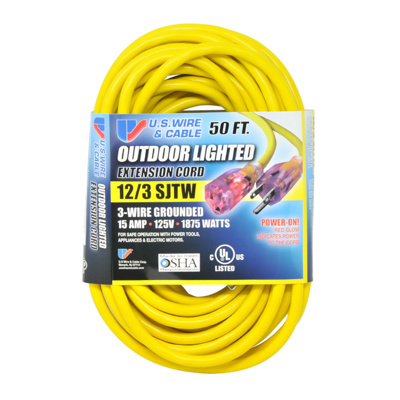 US Wire & Cable 50ft, Yellow 12/3 SJTW Extension Cord w/ Lighted Outlet, Single Plug
